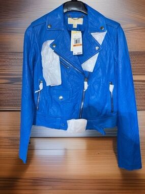 MICHAEL Michael Kors Grecian Blue Luxe Lamb Leather Moto Jacket, Women’s SM, NWT